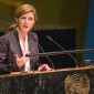 Samantha Power, former U.S. Ambassador to the United Nations, speaking at a podium.