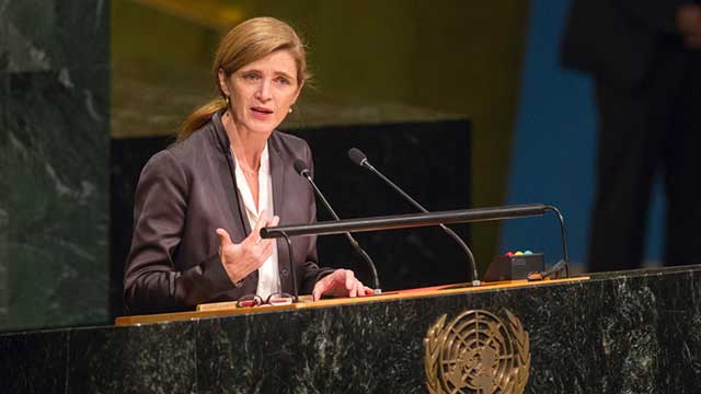 Samantha Power, former U.S. Ambassador to the United Nations, speaking at a podium.