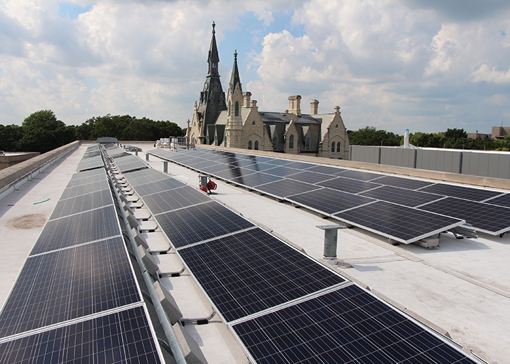 Solar panels on top of Kresge Hall on Northwestern University's Evanston campus.