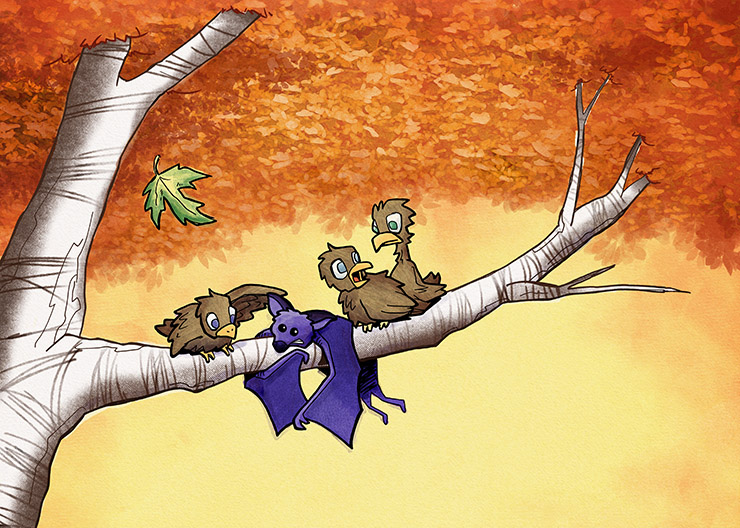 An illustration of "Stellaluna" shows three brown birds on a tree branch with a purple bat.