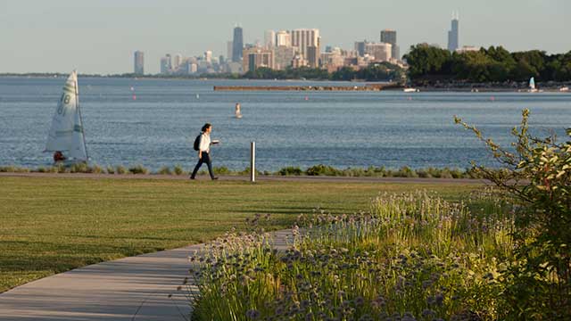 A view of the pathway along Lake Michigan that runs through the Ryan Center for the Musical Art's Arts Green