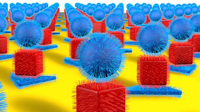 Illustration shows fuzzy blue circles hovering over fuzzy red cubes