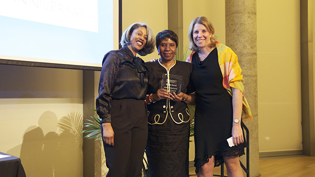 Sekile M. Nzinga-Johnson, Njoki Kamau and Alecia Wartowski celebrate at the Women's Center 30th anniversary awards dinner March 1. Photo by Jontisha Graves.