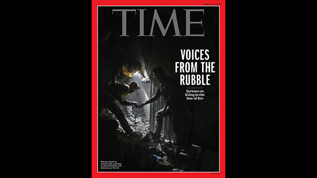 The cover of TIME magazine featuring a story about Syrians living in the line of fire