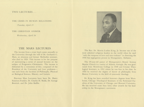 Program from lectures given by Martin Luther King, Jr. at Northwestern in 1958