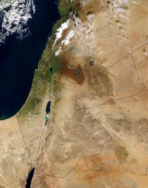 This Moderate Resolution Imaging Spectroradiometer (MODIS) image from the Terra satellite shows the Mediterranean Sea (left) and portions of the Middle East. 