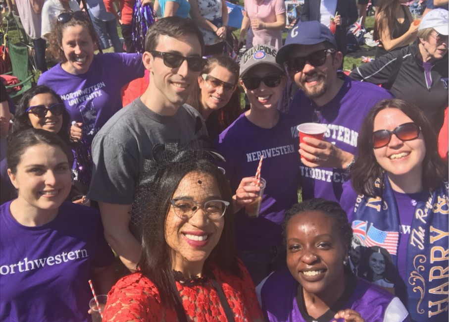 A group of people wearing Northwestern shirts