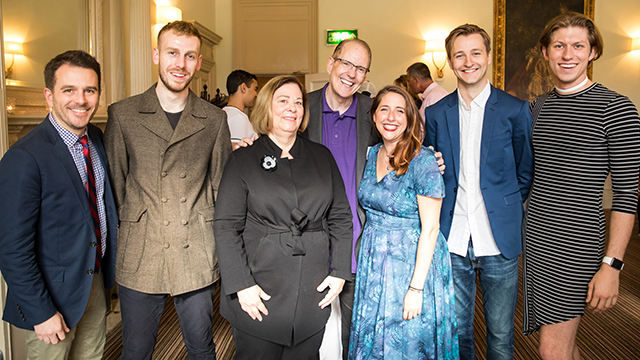 Members of the “Legacy” creative team with Northwestern School of Communication Dean Barbara O’Keefe and AMTP Director David H. Bell. L to R: Scott Evans ('Legacy' dramaturg), Finn Anderson (story, book, music and lyrics 'A Mother’s Song', O’Keefe, Bell, Tania Acevedo (story 'A Mother’s Song') and Jonathan Bauerfeld (music 'The Book of Names') and Brannon Bowers, AMTP producer