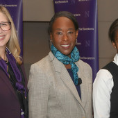 One Book One Northwestern co-chairs Teresa Woodruff and Heather Pinkett with author Margot Lee Shetterly (center). Photo by Teresa Crawford.