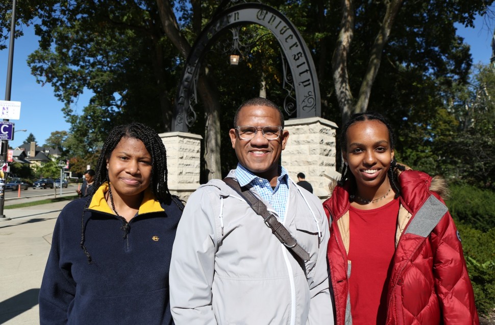 A picture of professor Alvin Tillery with Chicago Public Schools students Yomi Abdi and Diamond Wright on the Northwestern campus
