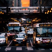 Buses stopped in a street in Chicago