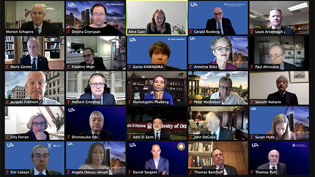 a screenshot showing university presidents worldwide on zoom for the u7 summit