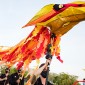 Students operating huge puppet outdoors 
