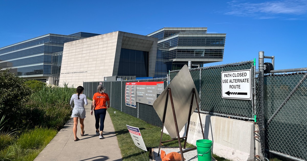 Construction crews work to protect the shoreline of Northwestern University’s south campus