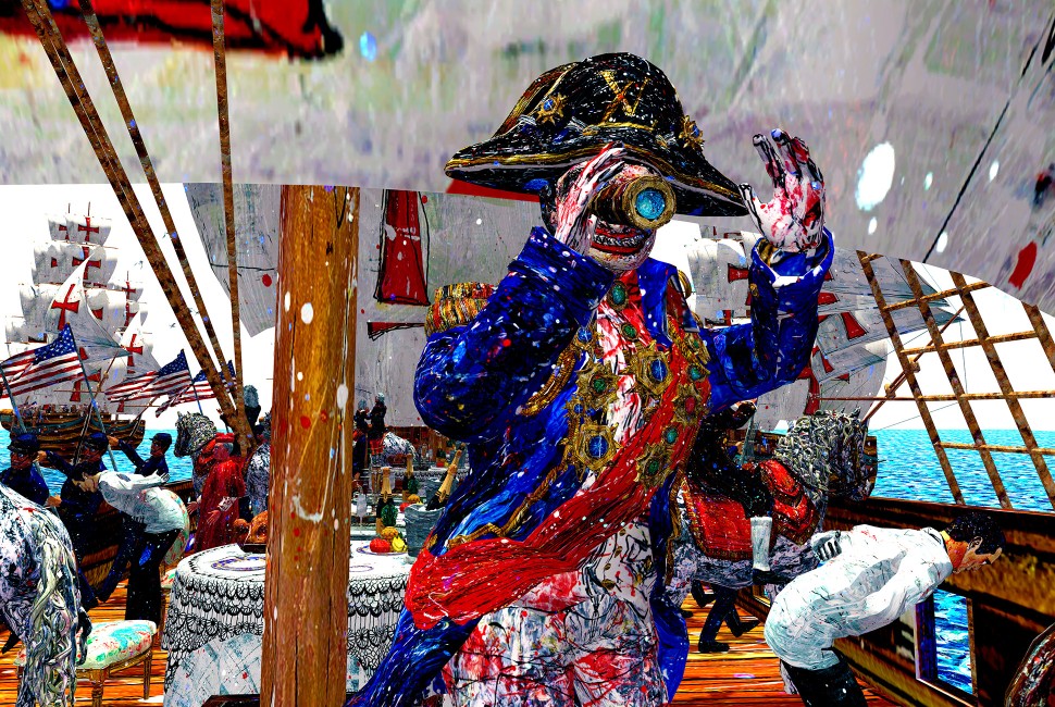 Animated scene of a crowd around a carousel with giant neon signs in the background