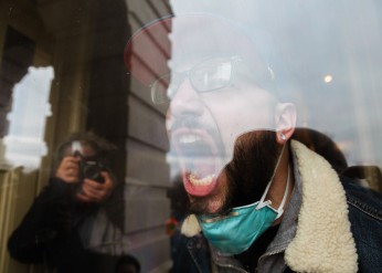 A man yells during the "Stop The Steal" rally held by Trump supporters on Jan. 6, 2021