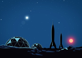 an illustration of space colony in silhouette