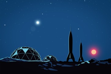 an illustration of space colony in silhouette