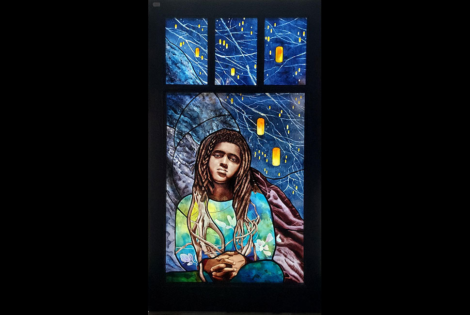 Stained glass image of child with dreadlocks transforming into tree roots while paper lanterns float in the air