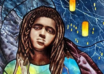 Stained glass image of child with dreadlocks transforming into tree roots while paper lanterns float in the air