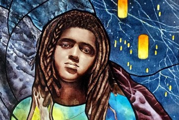 Stained glass image of child with dreadlocks transforming into tree roots while paper lanterns float in the air