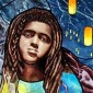 Stained glass image of child with dreadlocks transforming into tree roots while paper lanterns float in the air