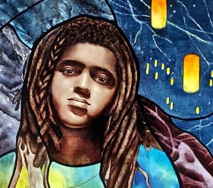 Stained glass image of child with dreadlocks transforming into tree roots while paper lanterns float in the air