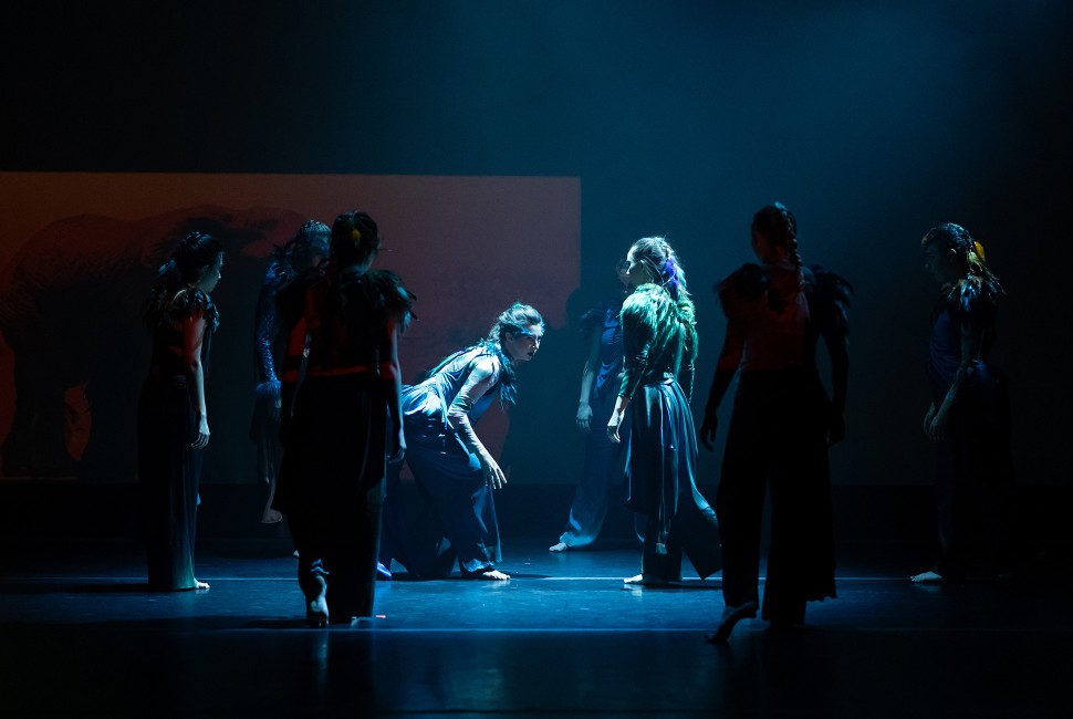 two dancers under a spotlight surrounded by a group of others in shadow