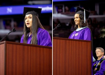side-by-side photos of the graduate and undergraduate speaker at the podium