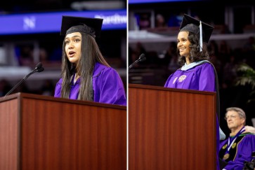 side-by-side photos of the graduate and undergraduate speaker at the podium