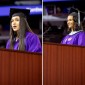 side-by-side photos of the graduate and undergraduate speaker at the podium