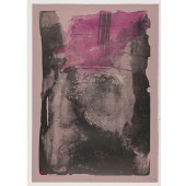A gray black vertical rectangle printed on dusty pink paper with pink pigment bleeding across the top