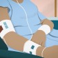 a patient in a gown from the neck down 