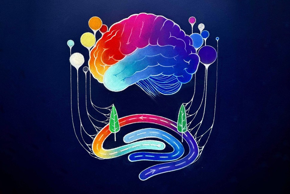 An illustration of a brain above a map