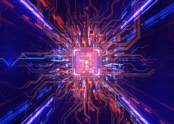 Artist's representation of a futuristic processor with multicolor circuits