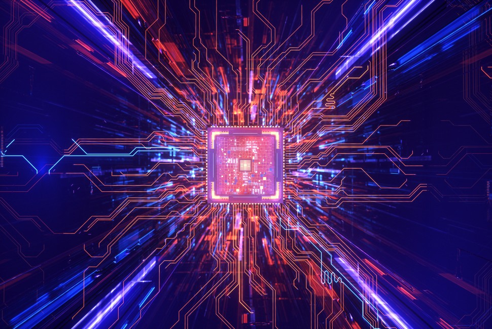 Artist's representation of a futuristic processor with multicolor circuits