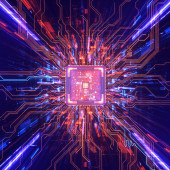 Artist's representation of a futuristic processor with multicolor circuits
