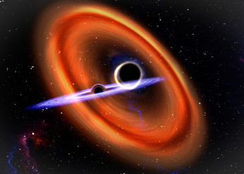 An artistic representation of a black hole merger between a black hole and another twice its size