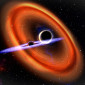 An artistic representation of a black hole merger between a black hole and another twice its size