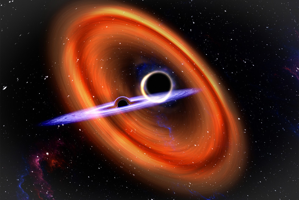 An artistic representation of a black hole merger between a black hole and another twice its size