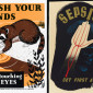  At left, a poster with a raccoon by a river that reads "Wash your hands before touching your eyes." Right, an infected hand being raised in salute to a skull, with text "Sepsis: Get first aid."
