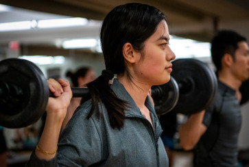 A student with weights over their shoulder during a fitness class