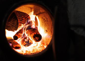 a wood-burning fireplace