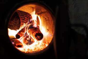 a wood-burning fireplace