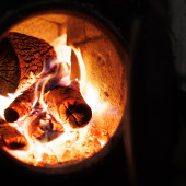 a wood-burning fireplace