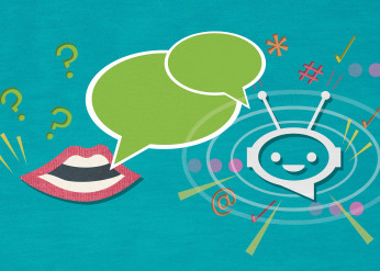 an illustration of a mouth and a robot with speech bubbles