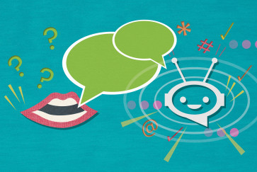 an illustration of a mouth and a robot with speech bubbles