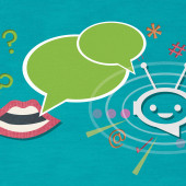 an illustration of a mouth and a robot with speech bubbles
