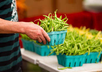 A person picks out a carton of green beans