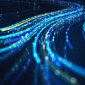 Bright blue lines of lit fiber optic cables curve around on a dark background